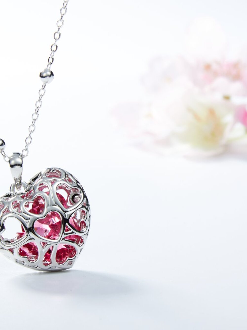 Heart Filigree Pendant Necklace with Red Ruby Austrian Crystals, 31" - Picture 4 of 4